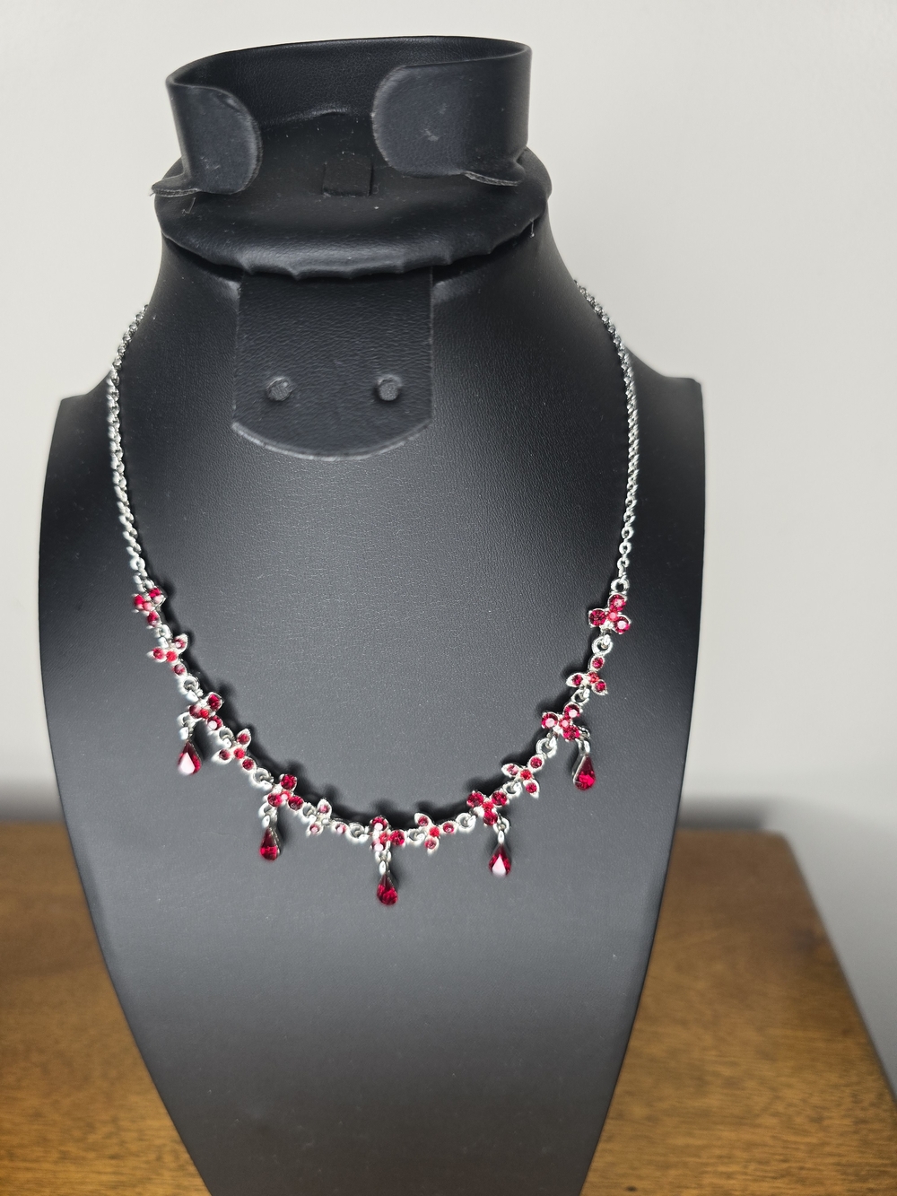 Silver Tone Red Crystal Drop Necklace - Elegant Women's Jewelry